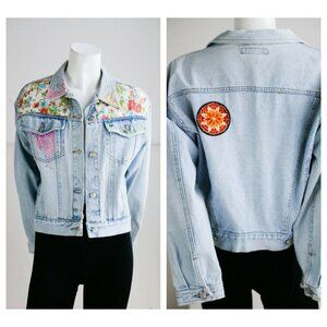 Vintage Oakoa Blue Patchwork Colourful  Light Wash Denim Cropped Jacket
